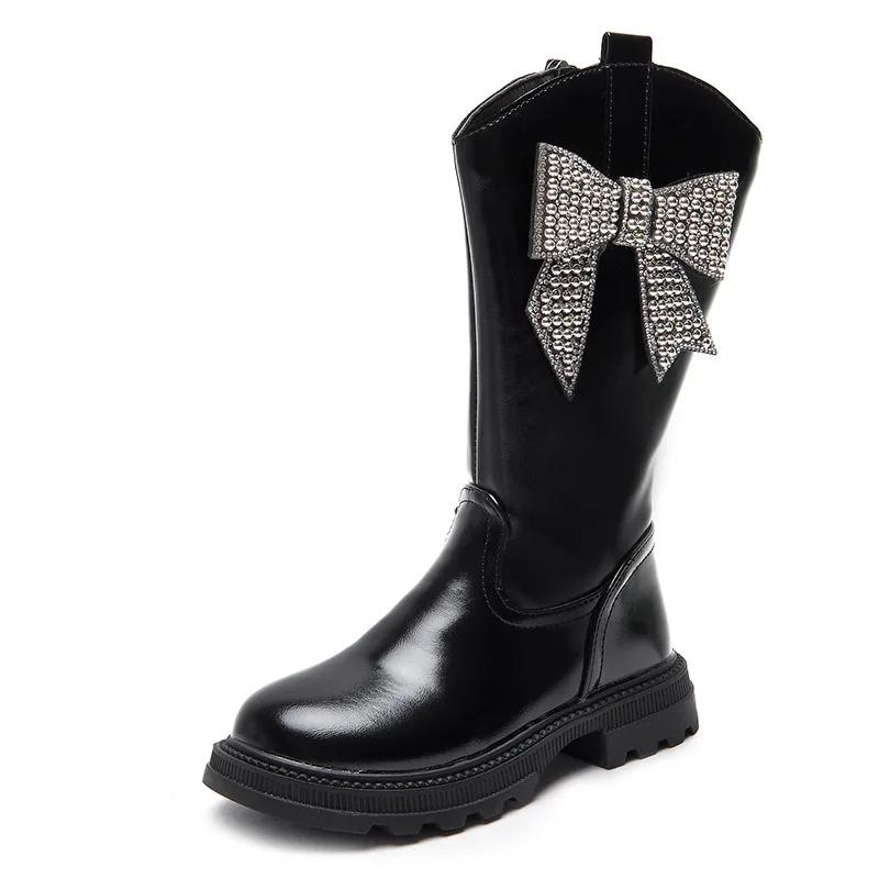 2024 Children High Boots for Girls Autumn Winter New Fashion Rhinestone Princess Bowtile Anti-slippery Casual Versatile Shoes