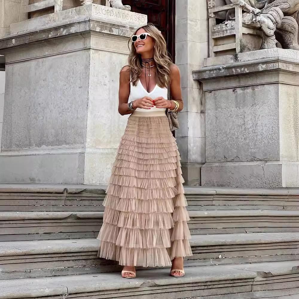 Mexh Long Skirt Women Vintage Summer Spring Ball Gown Ruffles Elegant Solid Color Party Club White Black Maxi Skirts Clothes