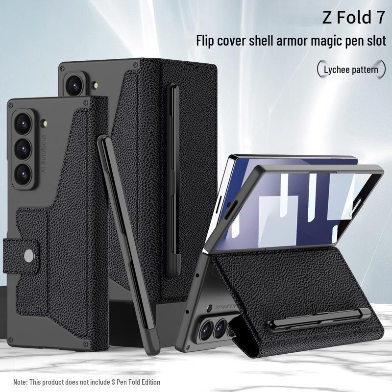 Бизнес-стиль Samsung Z Fold7 Armor чехол-книжка со слотом для ручки, держателем для карт и защитной пленкой для экрана.