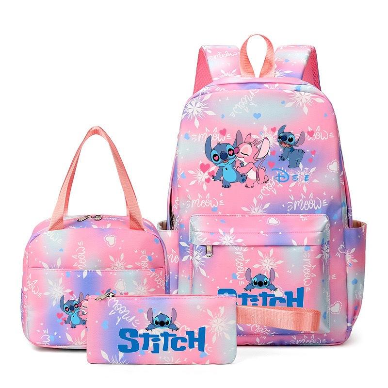 Stitch 3-Piece Backpack Set Cartoon Print School Bag for Boys Girls Outdoor Travel Large Capacity Lightweight Bookbag Disney Collection
