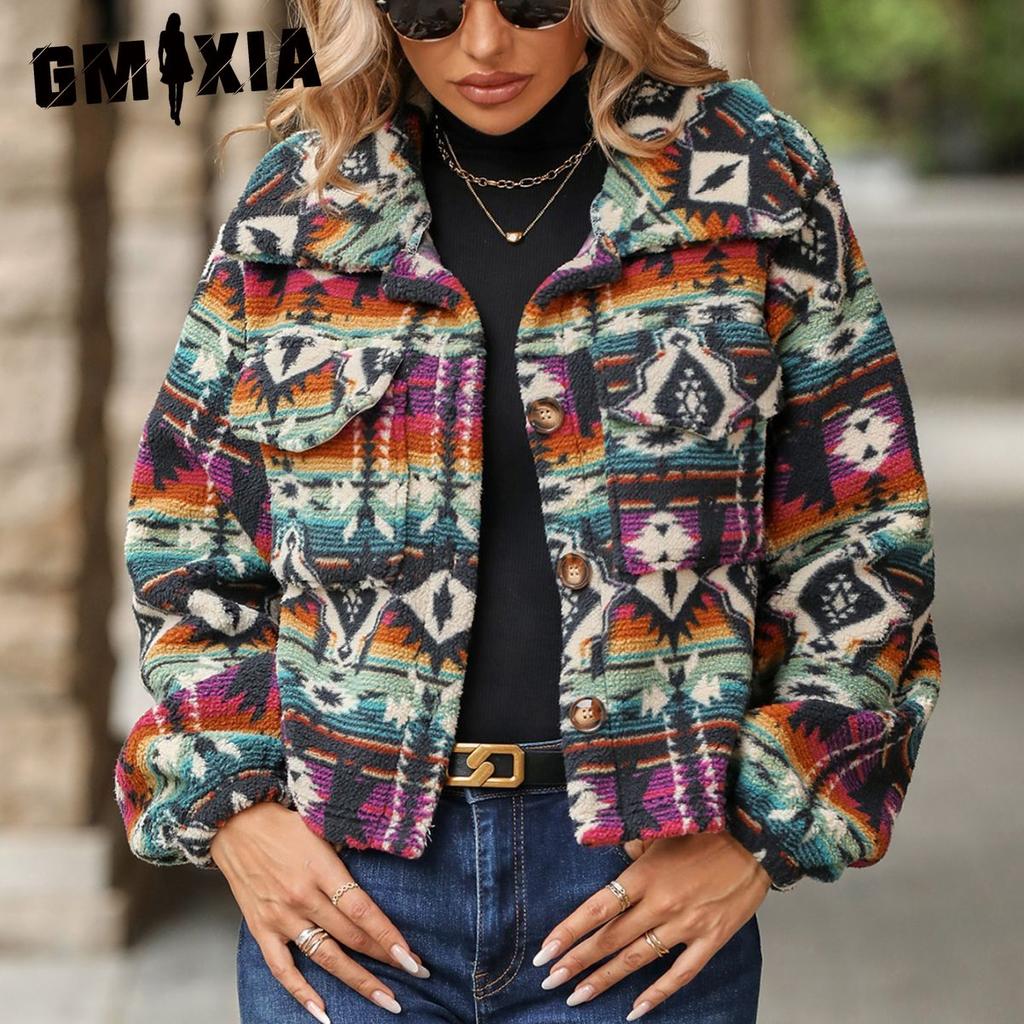 GMXIA Блестящая осенне-зимняя женская одежда с принтом в этническом стиле, свободное короткое пальто с длинным рукавом для женщин