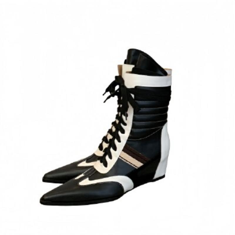 Boots Lace-up Sports Style Boxing Boots Spice Girls Pointed Martin Boots Wedge Heel Retro Color Matching Short Boots Women