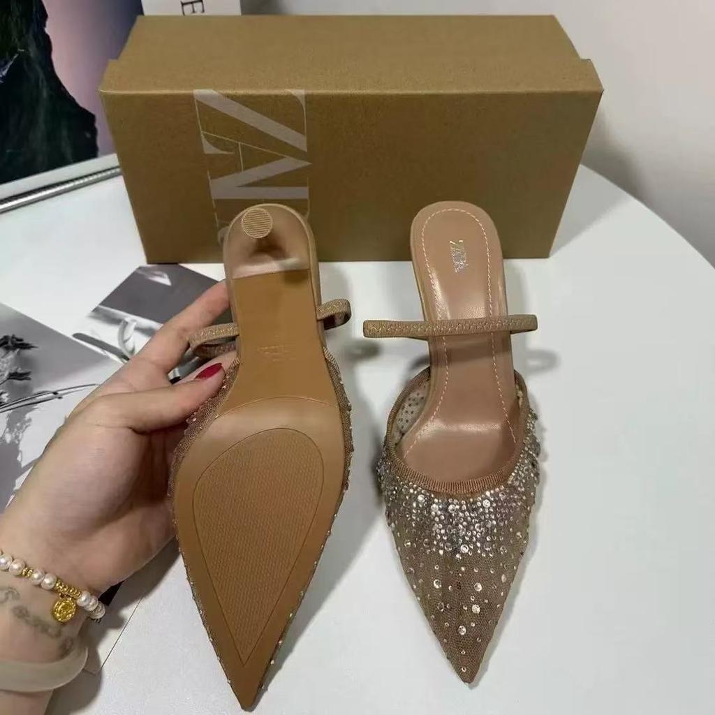 Летние женские босоножки со стразами, яркие, сетчатые, на высоком каблуке, элегантные, с открытым носком, с острым носком, туфли-лодочки для вечеринки