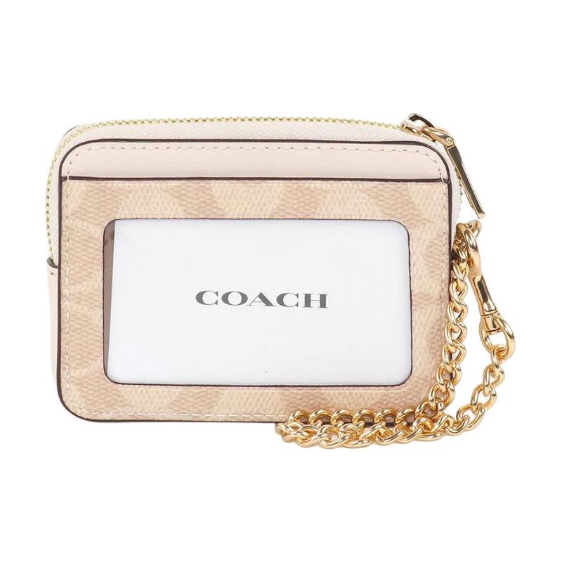Coach Держатель для карт Чехол на молнии 8 Логотип бренда Металлическая молния Искусственная кожа и переработанная кожа Женский песочный Песочно-желтый и мелово-белый