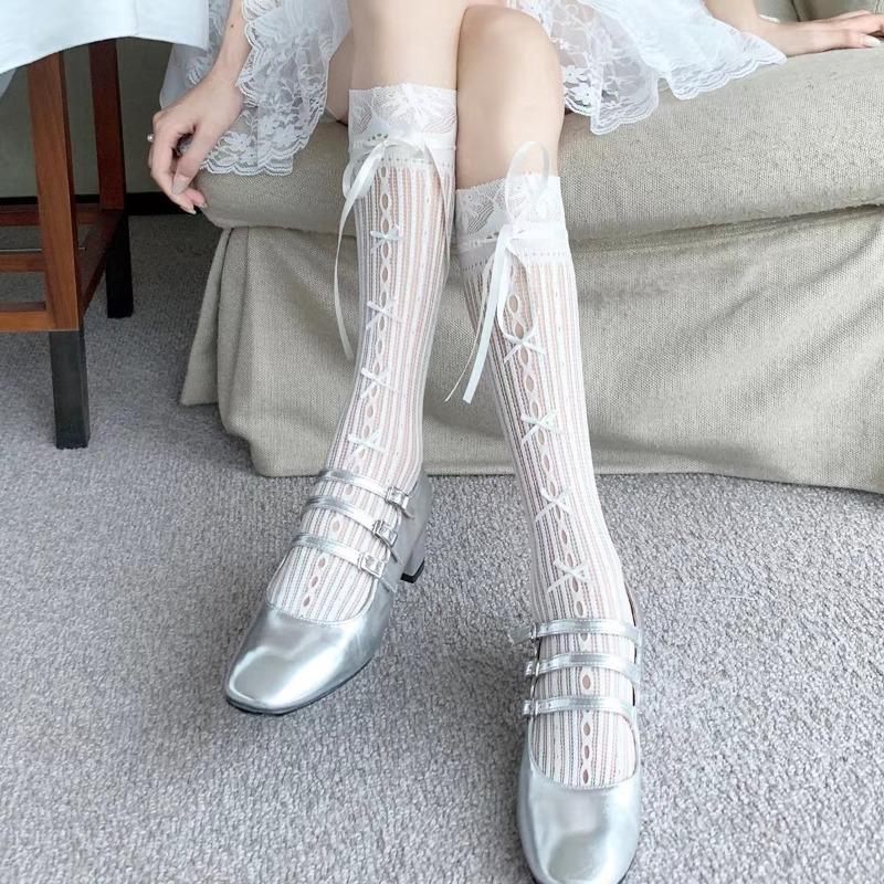 Lady Spring Summer Sweet Bondage Bow Printed Lace Cute Student Calf Socks