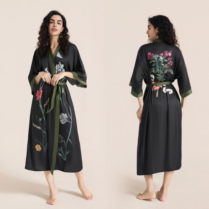 Satin Printed Robe Women Plus Size Lightweight Long Sleepwear Home