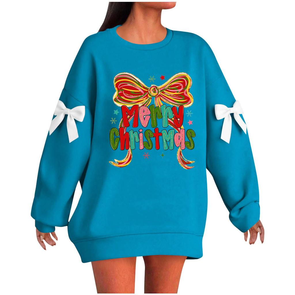 Ladies' Christmas Printed Bow Round Neck Long Sleeved Loose Pullover Sweater Sweatshirt Top