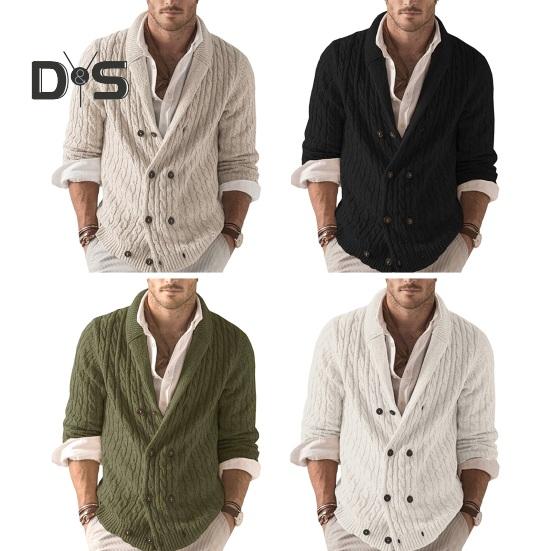 Осень-зима мужской свитер двубортный с пуговицами и лацканами, длинные рукава, скрученная фактура, однотонное толстое эластичное трикотажное пальто