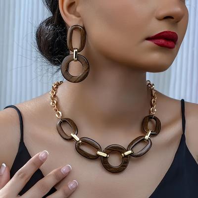 Комплект украшений из дерева с геометрическим узором, стиль бохо, ретро-дизайн в стиле вестерн, эффектные серьги и ожерелье большого размера, модный аксессуар для женщин