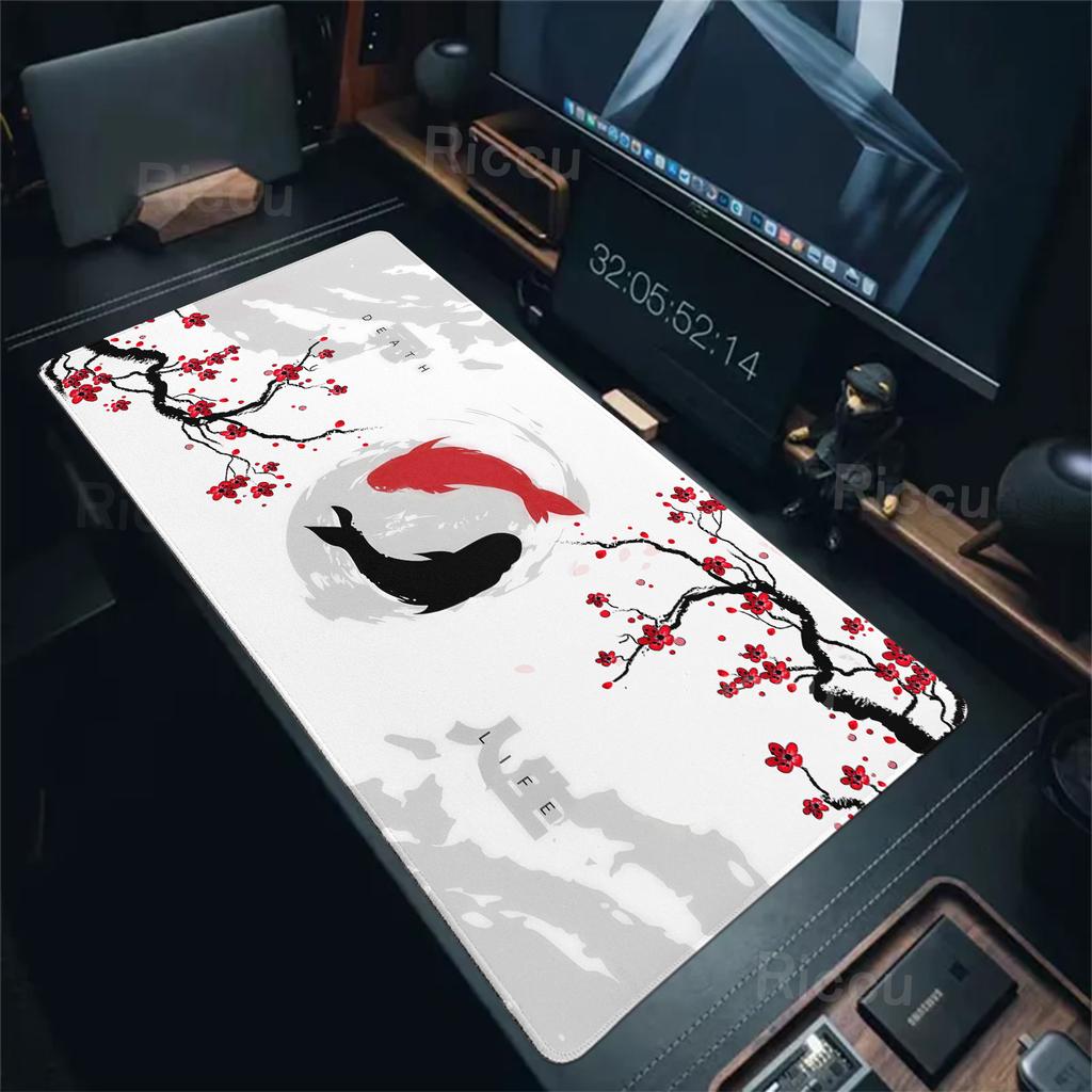 Large Desk Mat Black & White Mousepad Dark Koi Fish Sakura Cloud Aesthetics XXL Mouse Pad Gaming Keyboard Deskmat Extended Pads