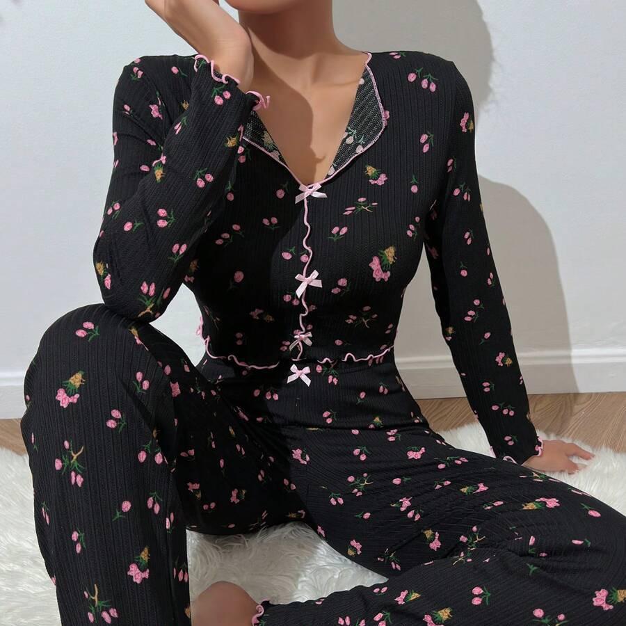 «Женский повседневный сексуальный пижамный комплект с длинными рукавами и лацканами — в европейском и американском стиле, состоящий из двух предметов с брюками, для ношения в помещении и на улице»