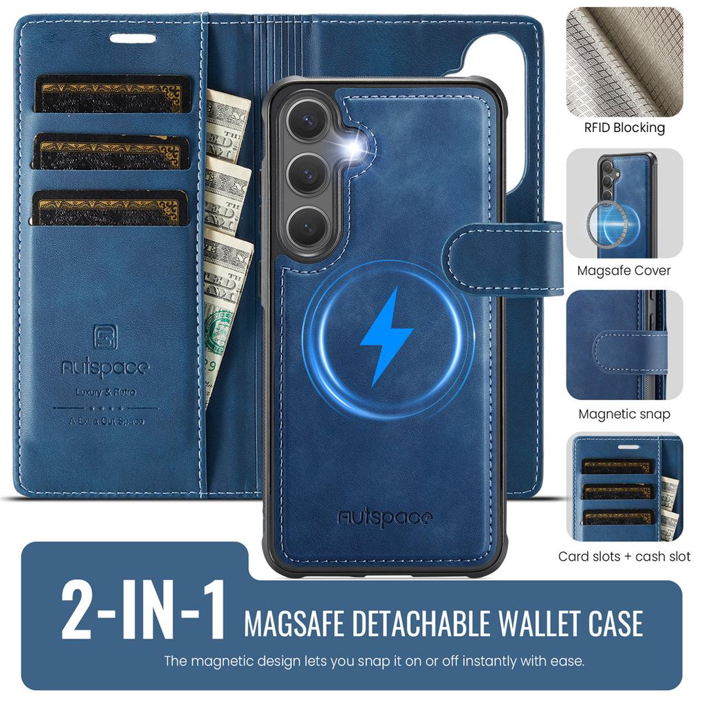 2-in-1 Magnetic Detachable Wallet Case for Samsung Galaxy S25/S25 Plus/S25 Ultra/S25 Edge - PU Leather, Card Slots, Wireless Charging, 360° Protection
