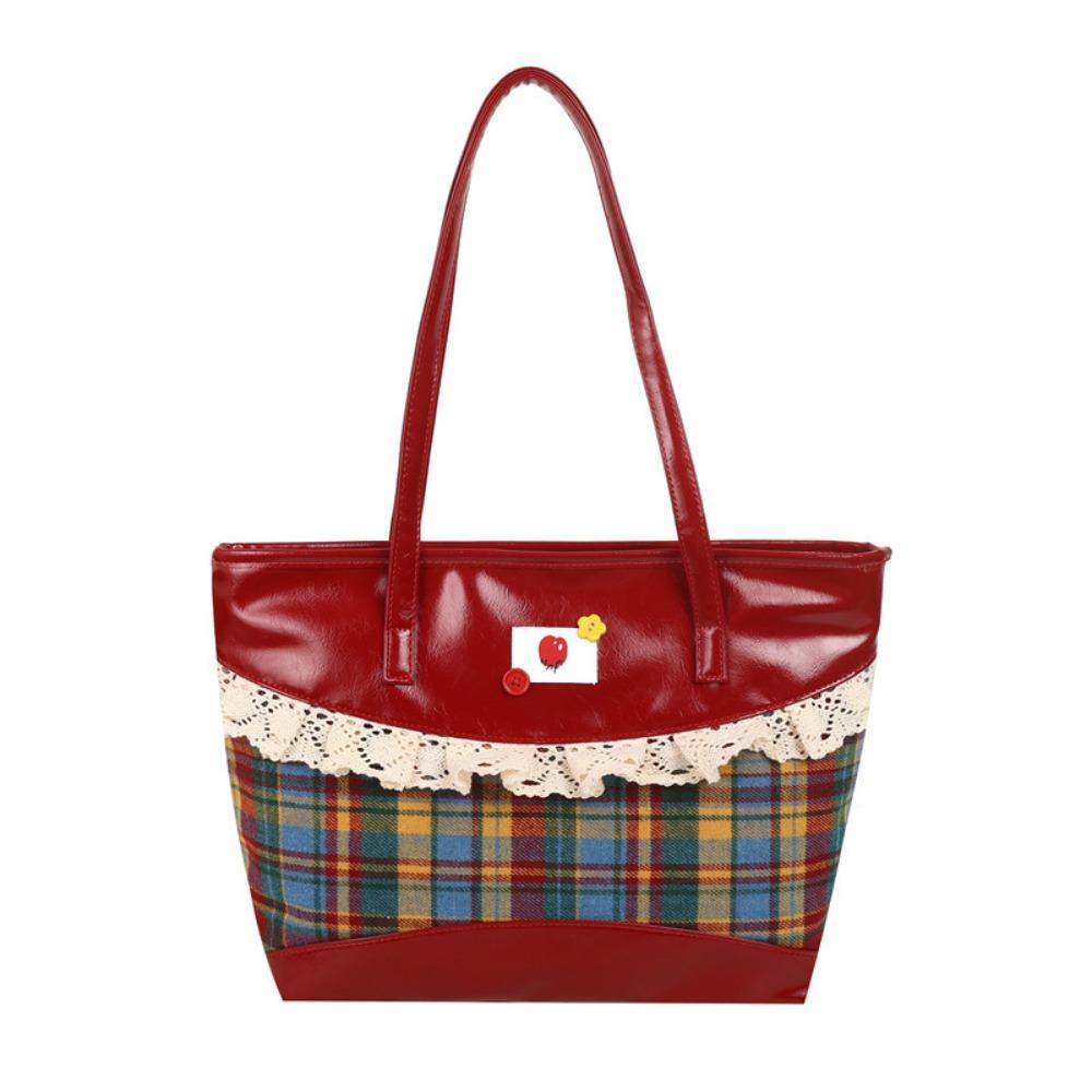 Rural Style Lace Bow Shoulder Bag Lattice Commuting Tote Bag Portable Denim Plaid Handbag  Women