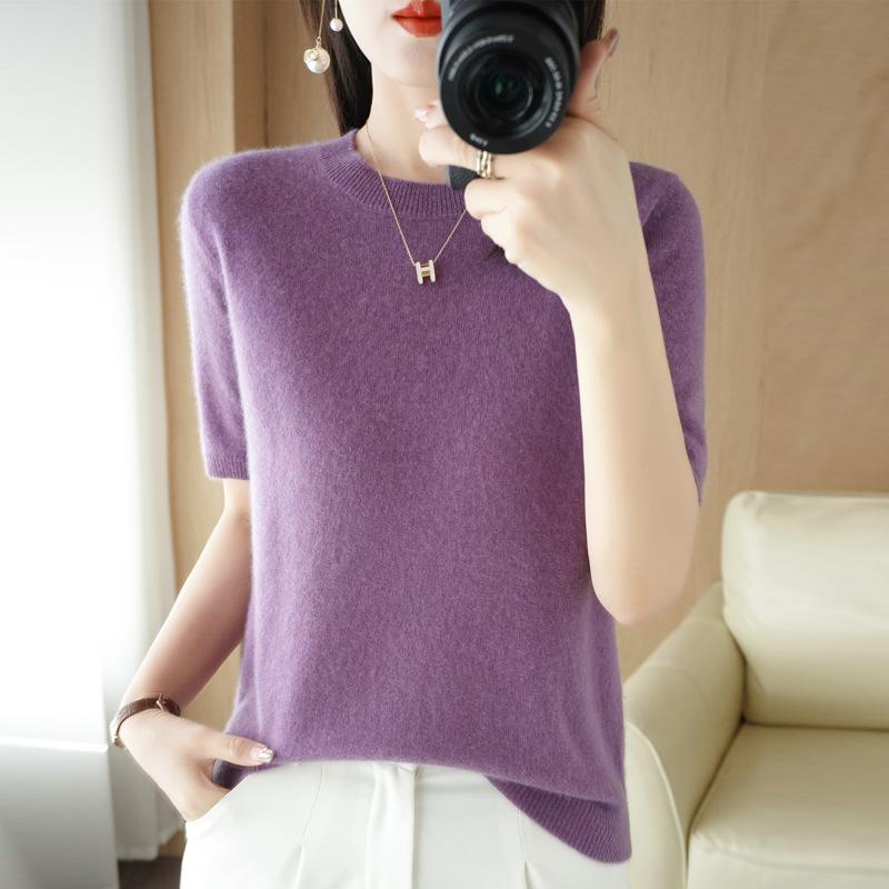 INDFS Women's Fashion Casual Summer Spring Solid Color Print Short Sleeve O-Neck Blouses & Shirts