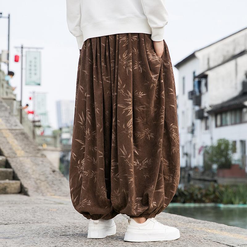 2023 Мужские вельветовые брюки с принтом в китайском стиле, мужские повседневные брюки, осень-зима, мужские спортивные штаны с эластичной резинкой на талии, мужские широкие брюки