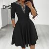 Elegant Women Mini Dress V Neck 3/4 Sleeve Rhinestones Short Dress with Belt Pockets Swing Hem Party Dress