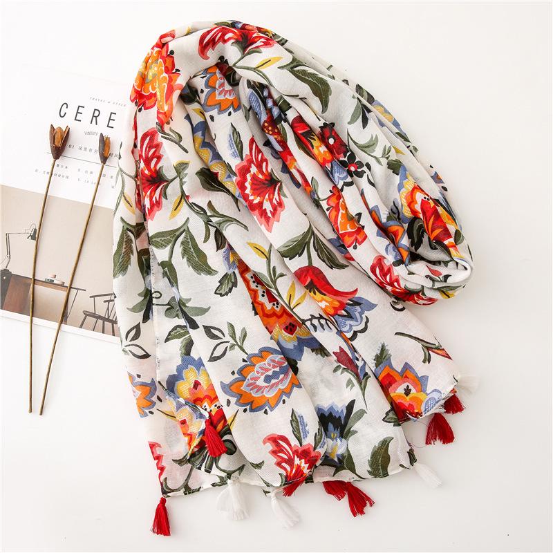 Ethnic Style Colorful Floral Print Summer Shawl – Versatile Cotton & Linen Silk Scarf for Women