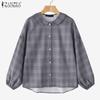 Women Doll Collar Loose Casual Long Sleeve Grid Print Blouse