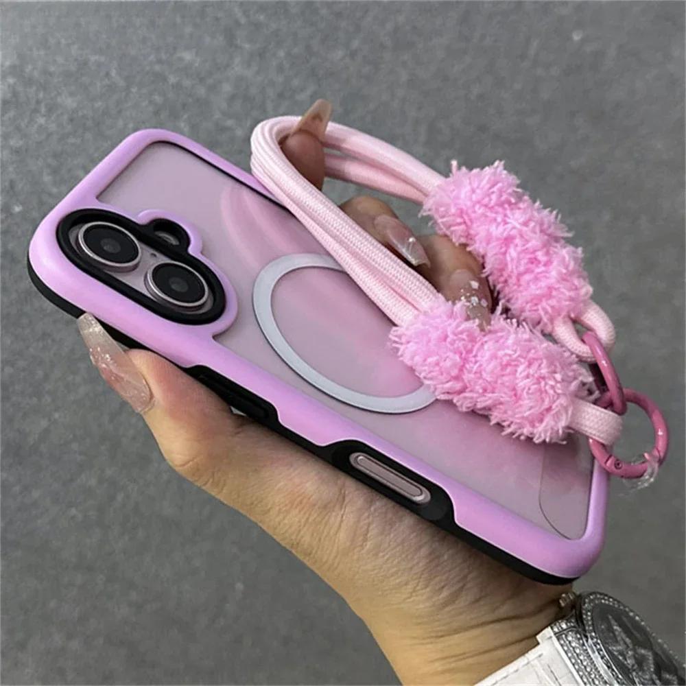 Чехол Armor Candy Color Clash для Magsafe Magnetic Clear Phone Case с плюшевым ремешком для iPhone 16 Pro Max 15 14 13 Cover