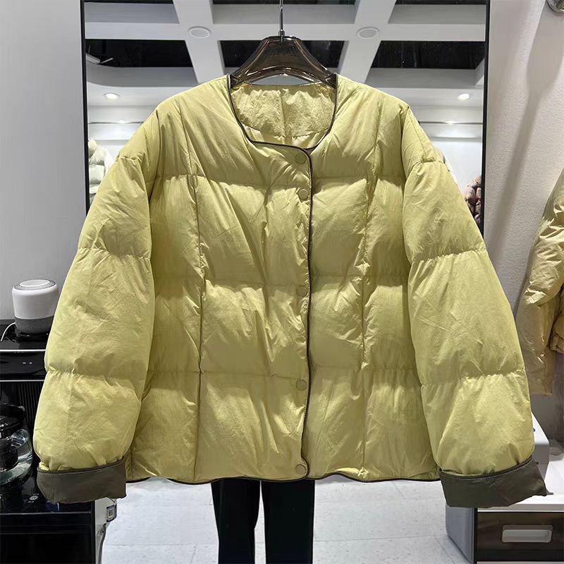 2024 осень и зима новый свободный однобортный пуховик с круглым вырезом в тон цвета небольшой простой короткий женский пуховик