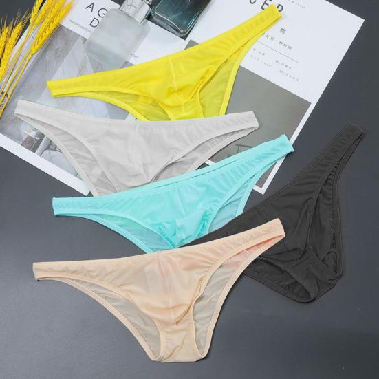 Men Briefs Ice Silk Ultra-Thin Low-Waist Underwear U-Convex Solid Color Elastic Breathable Panties Daily Wear