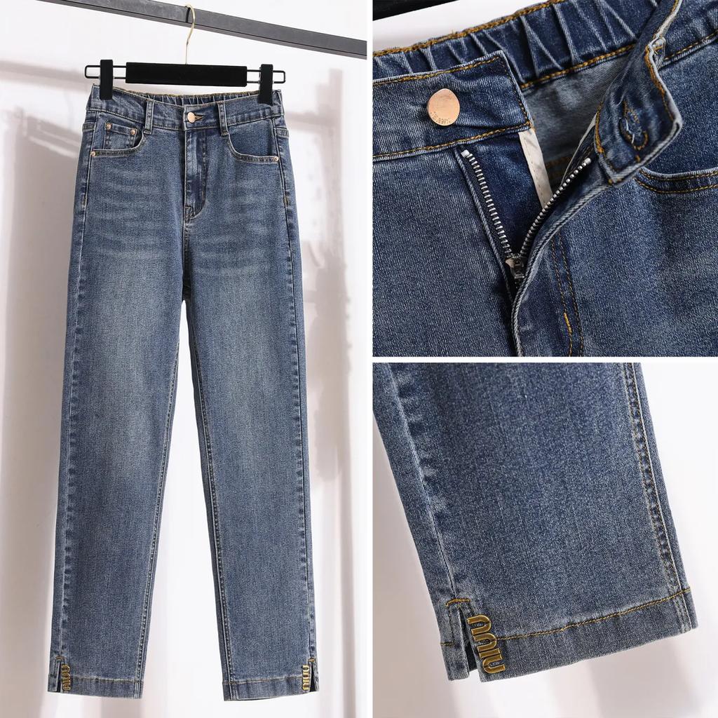 Женские джинсы больших размеров, брюки с высокой талией, свободные джинсовые женские брюки с эластичной резинкой на талии, весенние базовые брюки с карманами