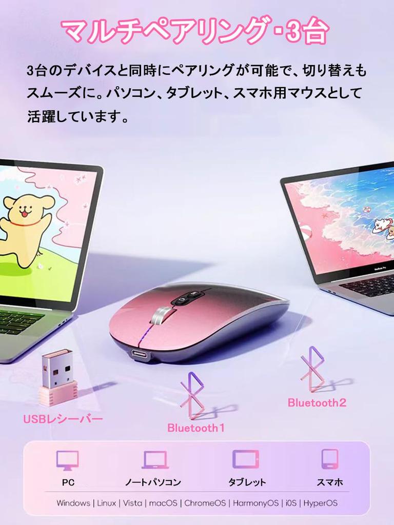 [Множественное подключение, 3 устройства, Индикация уровня заряда батареи] Беспроводная мышь с поддержкой USB и Bluetooth 5.1, Тонкая, Перезаряжаемая Type-C, Поддерживает до 3