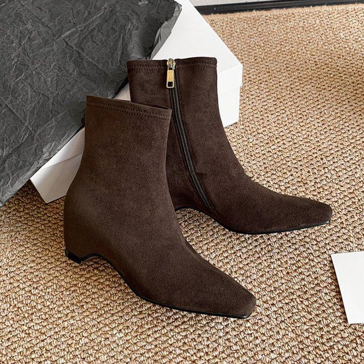 Версия из мягкой кожи~ ретро минималистичные тонкие ботильоны женственность квадратный носок внутренняя платформа короткие ботильоны боковая молния тонкие эластичные ботильоны
