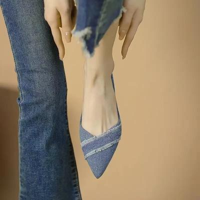 Модная джинсовая обувь с острым носком, синяя, женская, элегантная, для вечеринок, однотонная, социальная, модная, тренд 2025, шикарная, с острым носком, 39, женские балетки