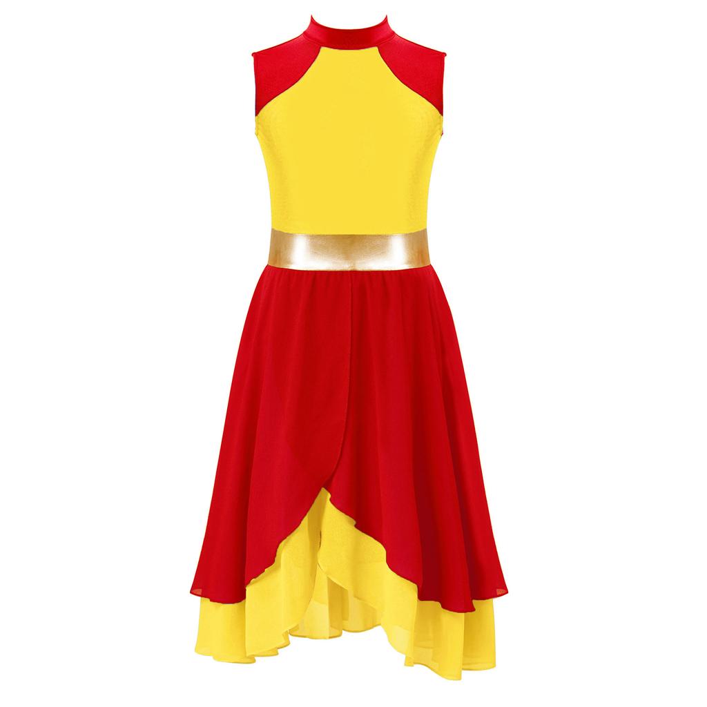 Girls Praise Dance Dress Color Block Mock Neck Sleeveless Tiered Wrap Hem Lyrical Performance Gown