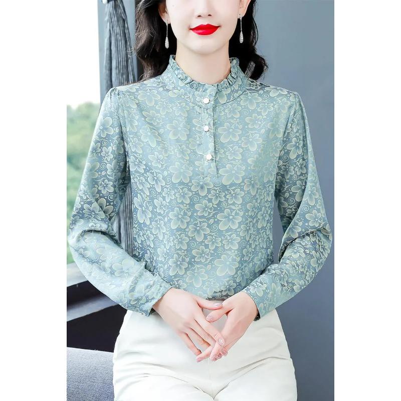 Шифоновая блузка женская с длинным рукавом, черная, с воротником-стойкой и цветочным принтом