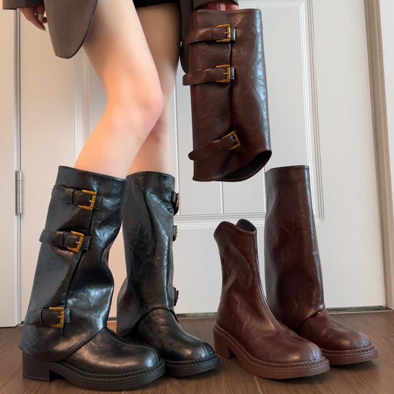 Britischer Stil Röhrenhosen Röhrenstiefel Damen Herbst Neu Dünn Dicksohlig Zwei Tragevarianten Abnehmbar Stapel-Ritterstiefel