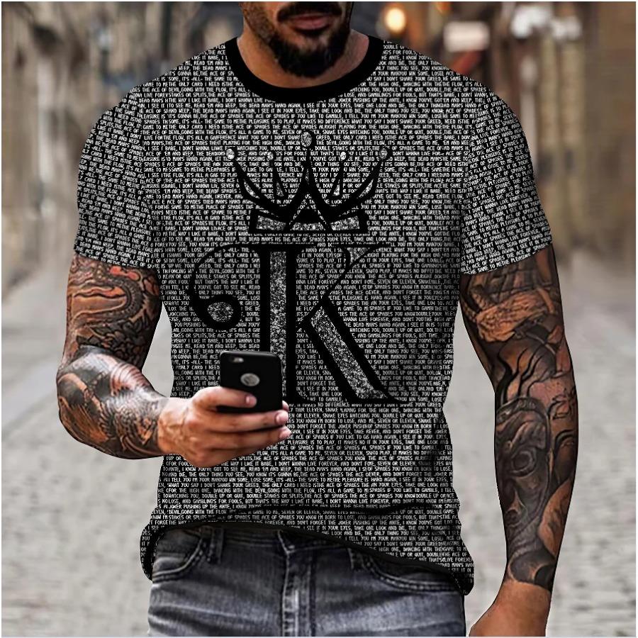Men's Casual Short Sleeved T-shirt with Round Neck KING Pattern Printed Top T-shirt for Men's Street Wear