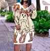 Women Plus Size V Neck Long Sleeve Autumn Bear Pumpkin Printed Fitted Straight Dress