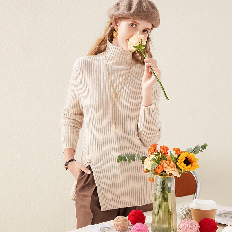 TUHUANG Women's Thickened Ribbed High-Neck Wool Blend Sweater with Split Hem