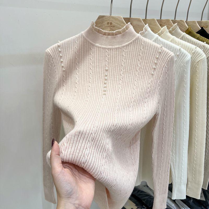 Кружевной свитер с высоким воротом Женский осенне-зимний свитер с косами и жемчугом, приталенный пуловер, топ, вязаный свитер, длинный рукав