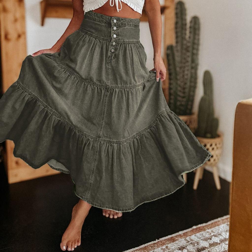 Женская модная ретро-юбка с завышенной талией и пуговицами из денима