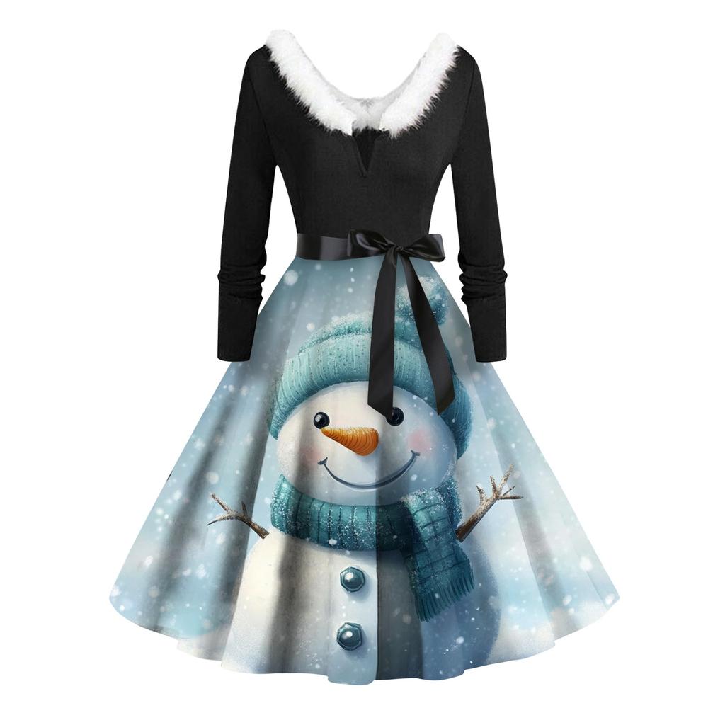 Women Vintage Long Sleeve Christmas Print 1950s Housewife Evening Party Prom Dress