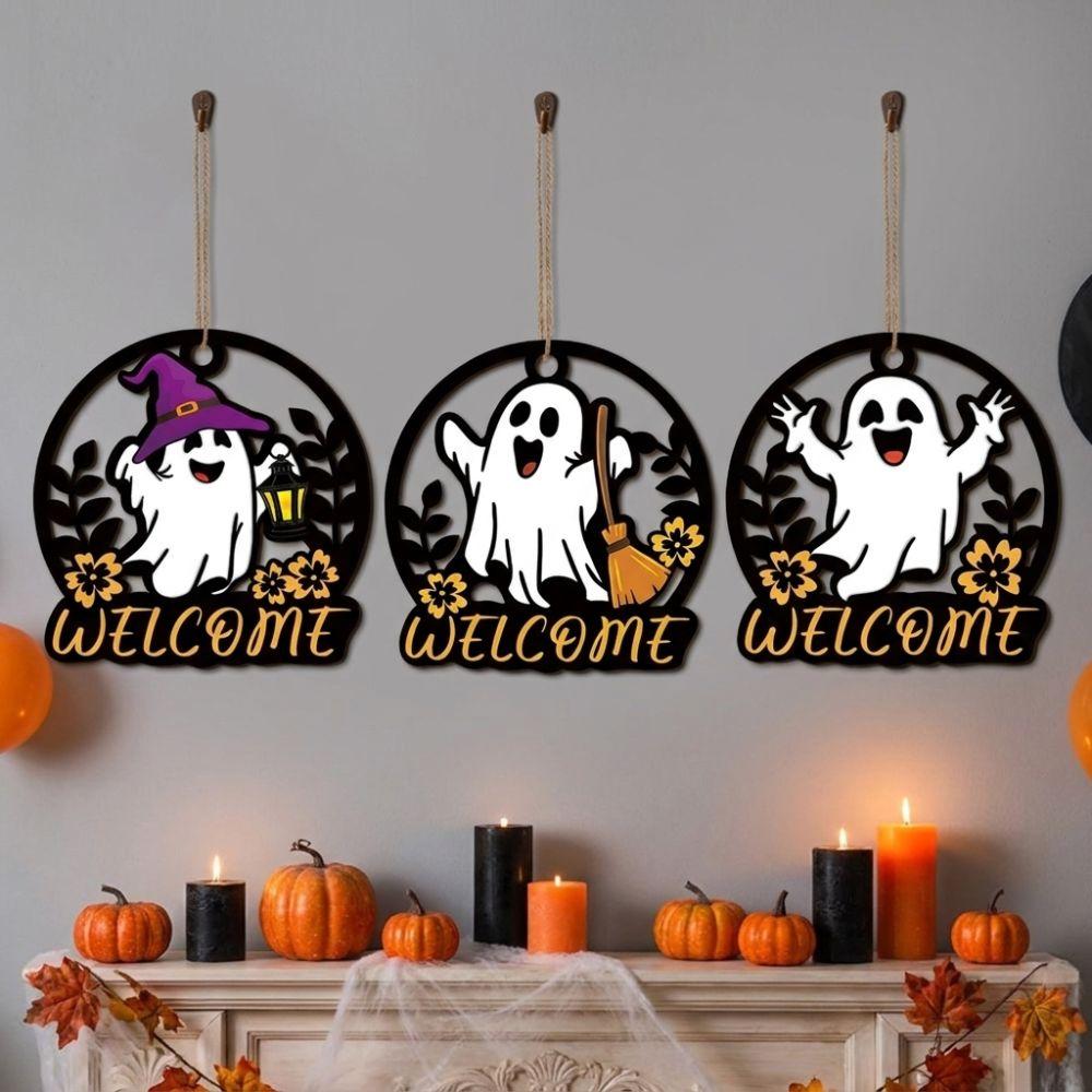 Hollow Out Welcome Wooden Wall Sign Cartoon Halloween Front Door Decor Living Room