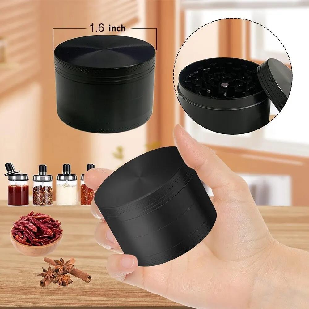 40mm 4 Layers Aluminium Herb and Spice Grinder Metal with Scraper Portable Food Mill Zinc Alloy Smooth Grinding