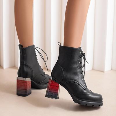 Большие размеры 43 44 Черный Желтый Дизайн Мода Осень Зима Винтаж Броги Платформа Шнуровка Мотоциклетные Ботильоны Принт Каблуки Новые