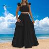 2 шт./компл., летний женский укороченный топ с юбкой, комплект с гофрированной квадратной шеей, высокой талией, без рукавов, трапециевидной формы, в стиле пэчворк, большой подол, с открытой спиной, сплошной цвет, пляжный отдых