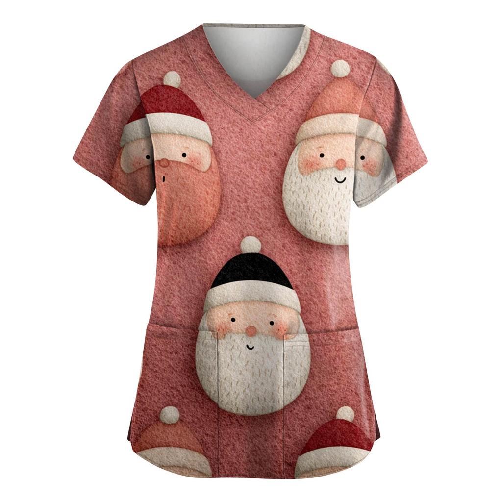 Women's Fashion V-Neck Short-Sleeved Workwear With Pockets Christmas Print Top Caregiver Uniform