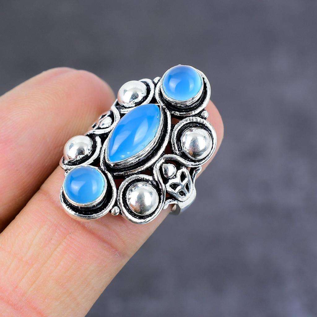 Кольцо из стерлингового серебра 925 пробы с натуральным синим халцедоном ручной работы, размер 7,5 o2Y88