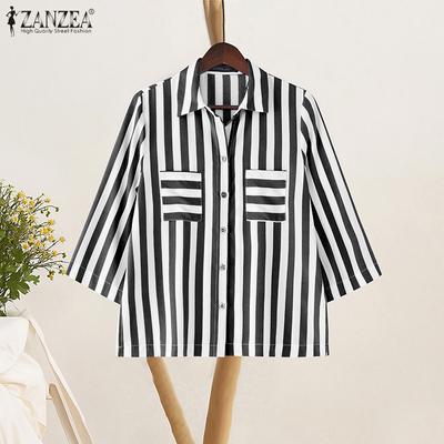 Женская блузка с отложным воротником, летняя, свободного кроя, с рукавом 3/4, в полоску