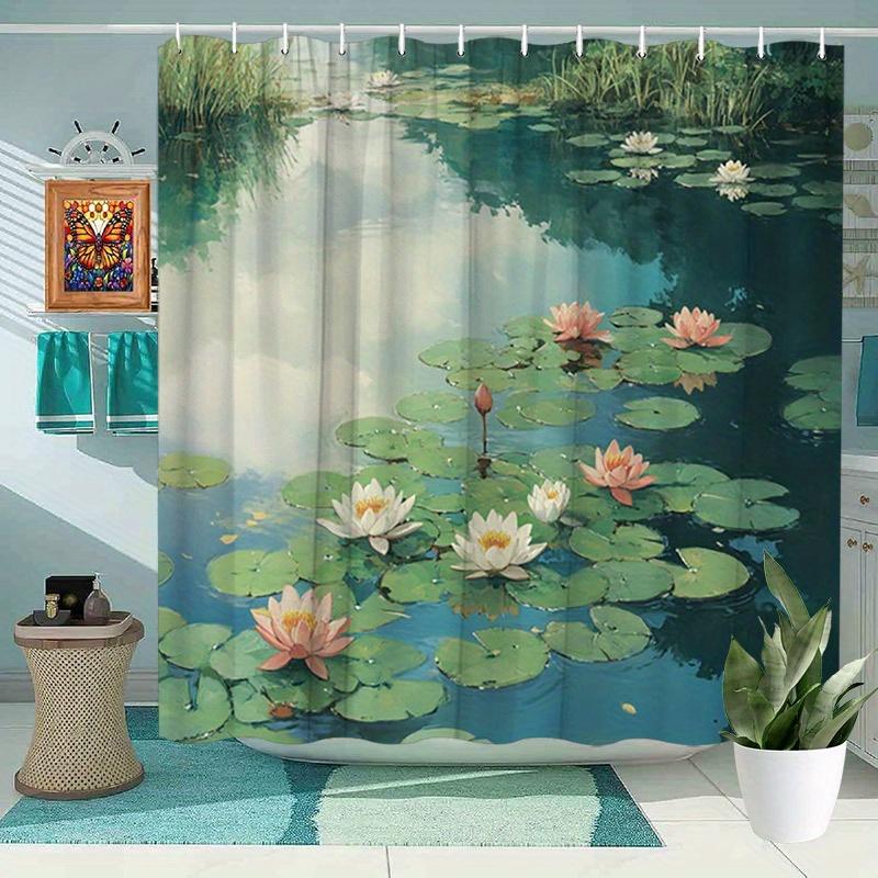 1 шт. Белый Розовый для Шторки для Душа 'Пруд с Лотосами' - Спокойный Цветочный Декор Ванной, Безмятежный Дизайн с Кувшинками для Современных Ванных Комнат