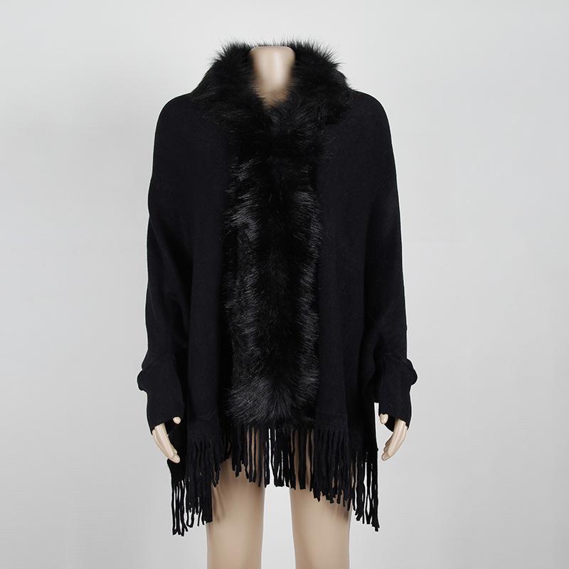 Women's Knitted Cape Without Buttons Tassel Cape Shawl Fur Collar Solid Color Cape