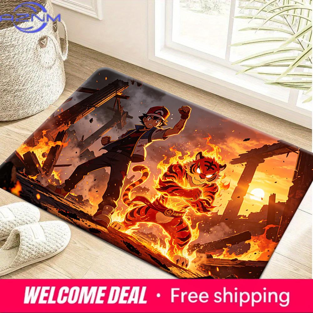 Pokemon Ash and Fire Tiger Pokemon Battle Scene Print Non-Slip Floor Mat Doormat