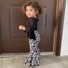 Autumn Girls' Black Flared-Sleeve Top & Leopard Print Pants Two-Piece Set