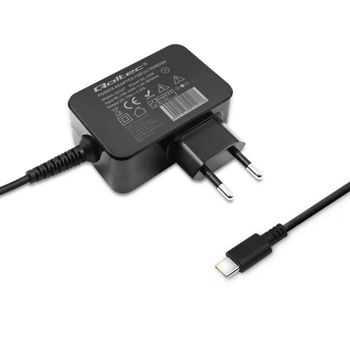 Qoltec Сетевое зарядное устройство 65 Вт | 5-20 В | 3-3,25 А | USB Type-C | PD | Ноутбук | Смартфон | Черный
